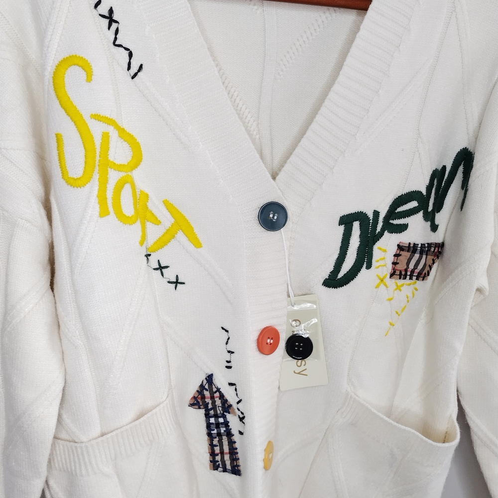 Dream Embroidered Patch Work Button Cream Cardigan Sweater S/M - Picture 5 of 12